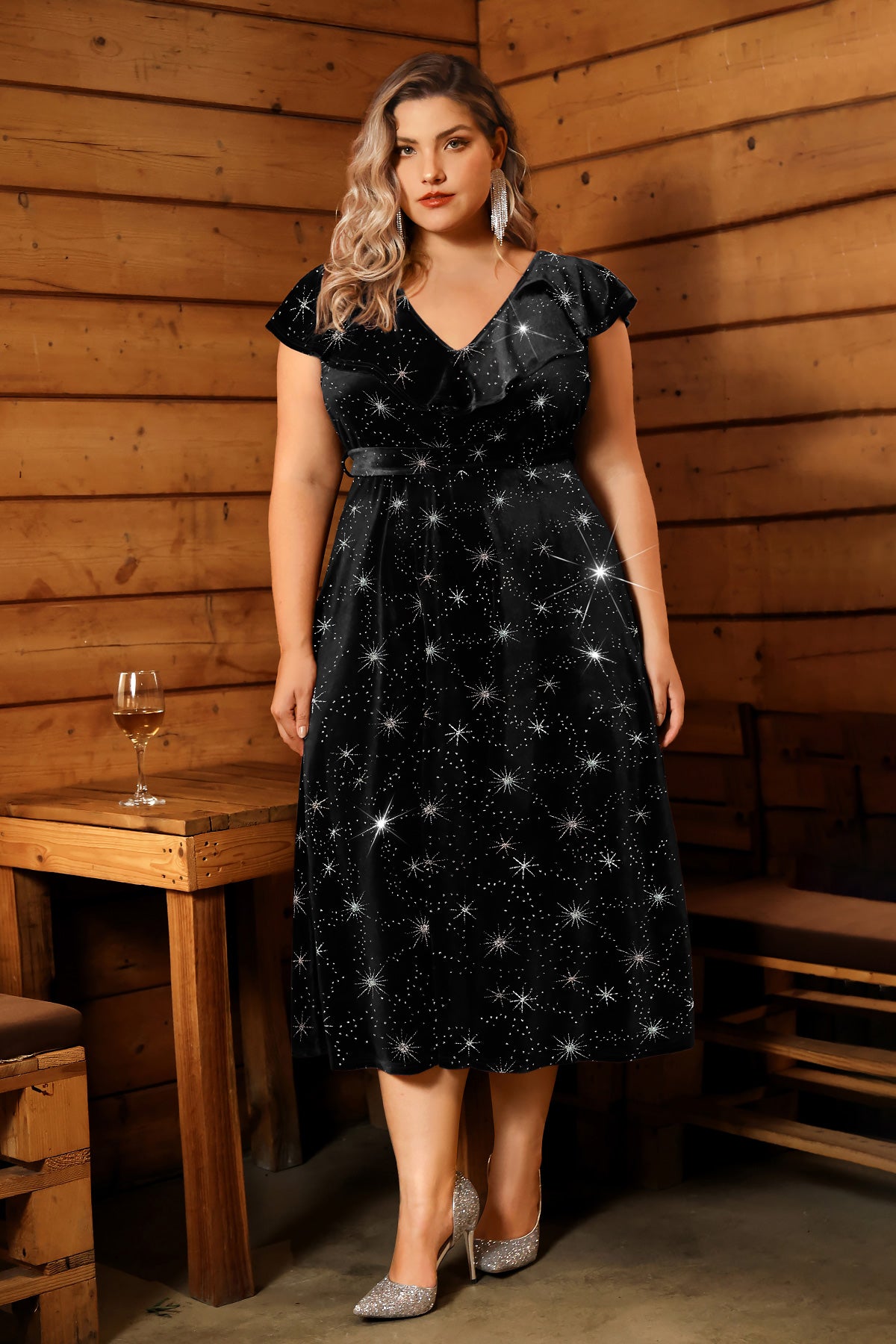 Supersoft Velvet Sparkle Floral Ruffle Sleeve Midi Dress